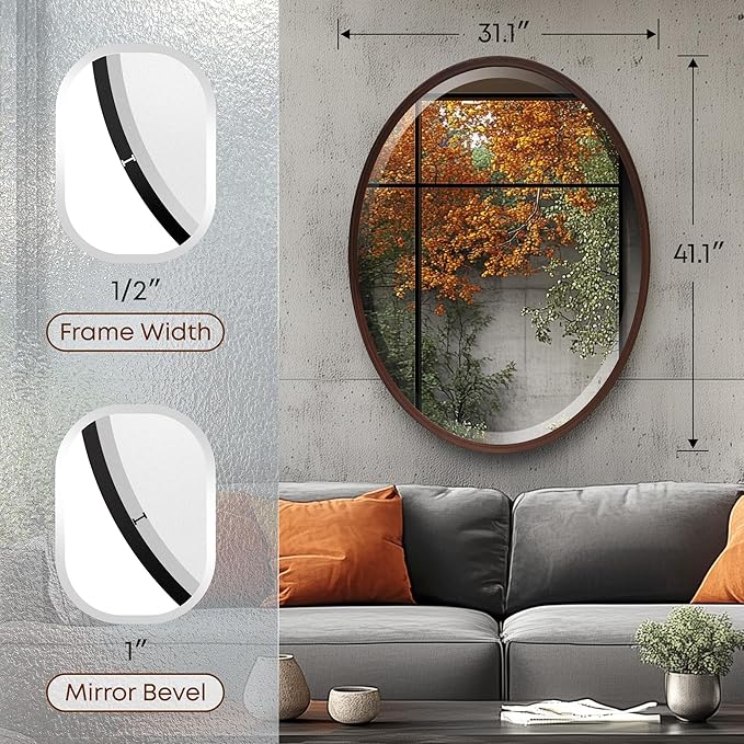 OVALCREST - Oval Wooden Beveled Wall Mirror for Home Decor, Bathroom, Vanity, Bedroom, Living Room, Hallway - London Style (Black Walnut) 41.1 x 31.1