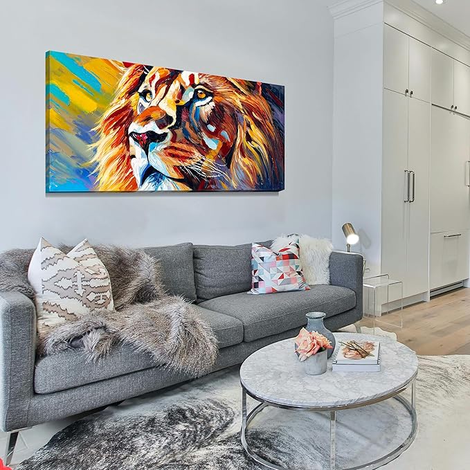AmoyArt Large Lion Wall Art for Living Room, Animal Canvas Wall-Decor for Bedroom, Colorful Print Picture for Home, Size 58x29 Inches