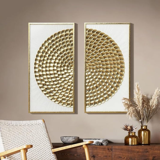 LuxenHome 34" Metal Wall Art, Set of 2 Living Room Gold Wall Decor, White & Distressed Metal Art Hanging Sculptures Decorations with Frame for Home, Bedroom, Entryway, Kitchen, Office, Dining Room