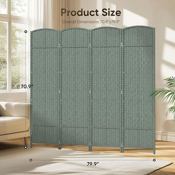 JOSTYLE Folding Privacy Room Divider, 4 Panel Screen Divider 6 ft. Tall Freestanding Extra Wide Rattan Room Partition Wall Separation Dividers, Grey