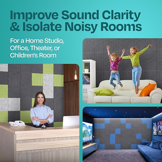 Acoustic Panels 12-Pack Soundproof Wall Panels 12"x12"x0.4" Decorative Sound Dampening for Your Home, Office, Studio, Bedroom & More with Unique ModuArc Carving [Pebble Gray]