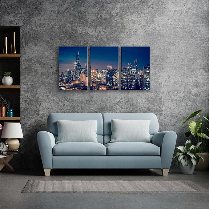 NAN Wind Modern Canvas Painting Chicago Skyline at Night Wall Art Cityscape Picture Print on Canvas Blue City Cool Building Giclee Artwork for Home Office Living Room Bedroom Decoration Framed