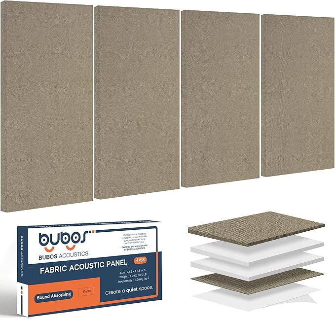 BUBOS 4 PCS Acoustic Panels,23.6''x11.8'' Fabric Soundproof Wall Panels,Self-adhesive Sound Absorbing Panels for Studios, Office, Home Theater,Fabric-Clad Jute