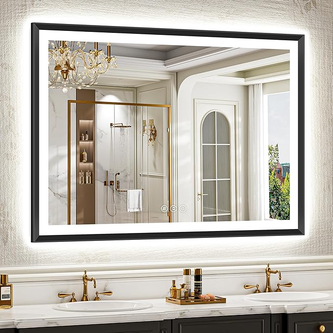 51x36 Black Framed Led Bathroom Mirror with Lights, Front Lit and Backlit, Lighted Vanity Mirror for Bathroom Wall, Anti-Fog, Dimmable, 3 Colors, Memory, HD Tempered Glass