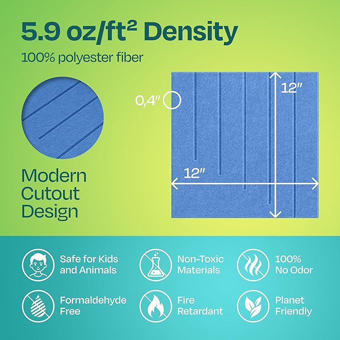 Acoustic Panels 12-Pack Soundproof Wall Panels 12"x12"x0.4" Decorative Sound Dampening for Your Home, Office, Studio, Bedroom & More with Unique LineWave Carving [Grand Blue]