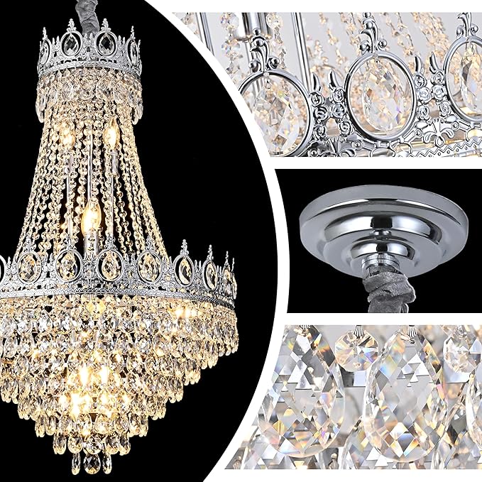 KoKo&Yukina Chrome 23.6" French Empire Crystals Chandeliers 14 Lights K9 Crystal Chandeliers Modern Adjustable Hanging Chandelier Farmhouse Crystal Chandelier for Living Room Dining Room Bedroom