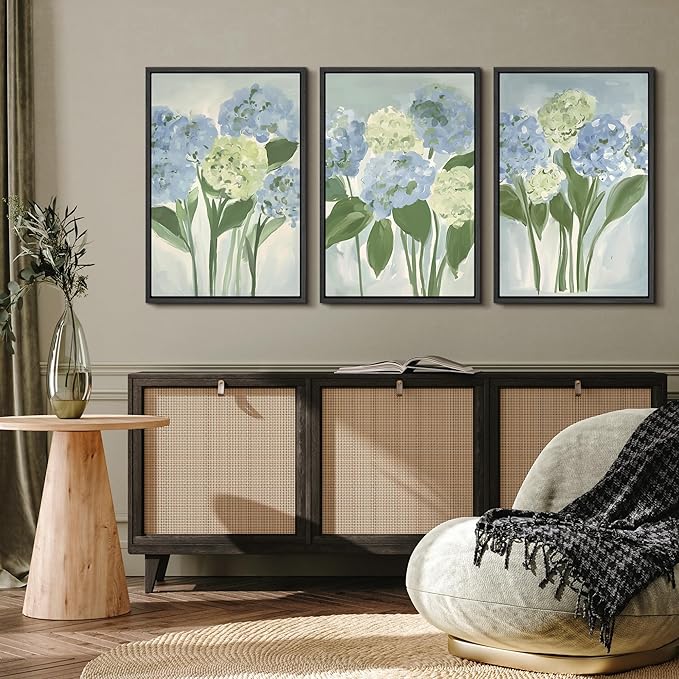 MUDECOR Framed Wall Art Print Set Blue Hydrangea Floral Botanical with Green Leaves Illustrations Modern Art Boho Decorative Colorful Chic for Living Room, Bedroom, Office - 24"x36"x3 Black