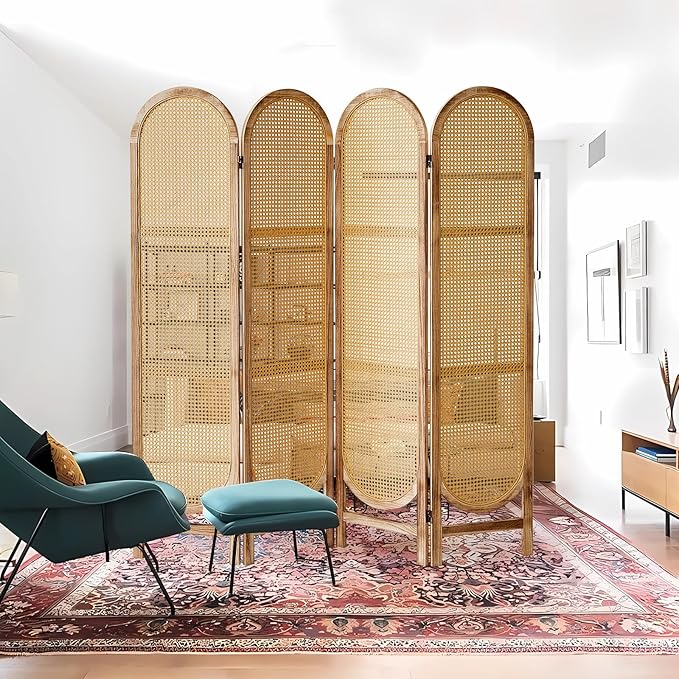 4 Panel Room Divider 5.6 Ft Hand-Woven Rattan Room Divider Screen, Foldable Wood Folding Privacy Screens with Double Hinges, Wall Divider for Room Separation Bedroom Home Office - Natural