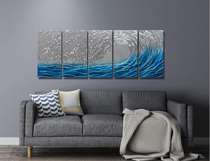 BATRENDY ARTS Extra Large Beach Metal Wall Art Hand-Crafted Blue and Silver Sea Wave Panels Decor Modern Artwork Scupltures for Living Room Decorations
