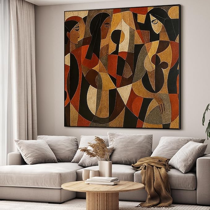 46"x46" XL Framed Wall Art - Cubist Figurative Abstract Warm Tones (Frame Assembly Required)