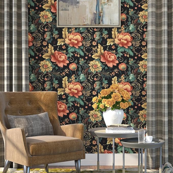 Colorful Floral Peel and Stick Wallpaper Boho Vibrant Contact Paper Stick Peel Cabinet Vintage Wallpaper for Bedroom Bathroom Wall Removable Black 17.5 x 393.5In