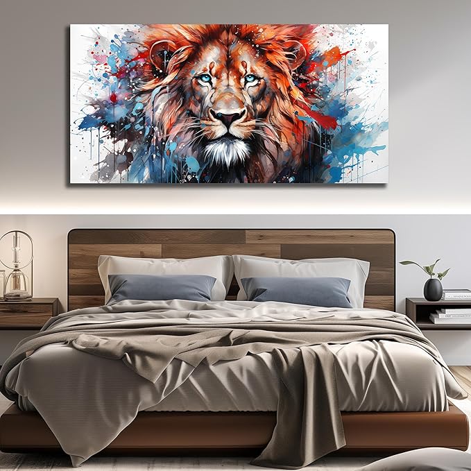Lion Picture Wall Art For Bedroom Modern Large Wall Decor For Living Room Brown and Blue Canvas Wall Art For Office Size 36 x 72 Inch