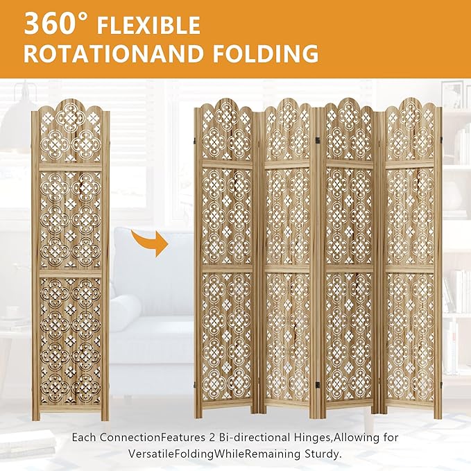 Casaphoria 4 Panels Room Divider, Folding Screen Room Divider with Copper Coin Pattern for Home Office, Restaurant and Bedroom, Paulownia Wood, 66" W x 67" H (Natural)