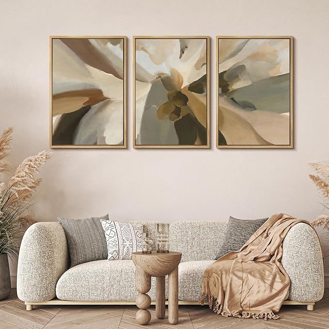 MUDECOR Framed Wall Art Print Set Minimalist Earthy Abstract Floral Illustrations Modern Art Boho Decorative Colorful Chic for Living Room, Bedroom, Office - 24"x36"x3 Natural