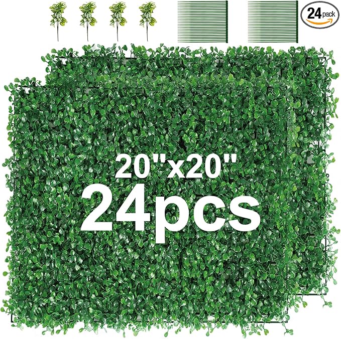 24 Pieces 20"x 20" Artificial Boxwood Panel, Grass Wall Panel, Boxwood Hedge Wall Panels UV Protected Suitable for Artificial Green Wall Decor, Fence Garden Wedding Backyard Decor
