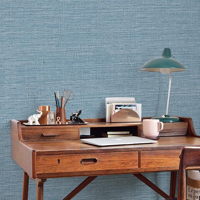 JiffDiff Grasscloth Wallpaper Peel and Stick Blue Grassweave Stick on Wallpaper Textured Self Adhesive Contact Paper 17.3"x118"