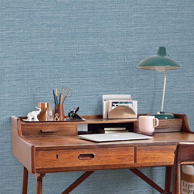 JiffDiff Grasscloth Wallpaper Peel and Stick 1181" x 17.3" Blue Cream Grassweave Stick on Wallpaper Textured Self Adhesive Wall Paper Contact Paper