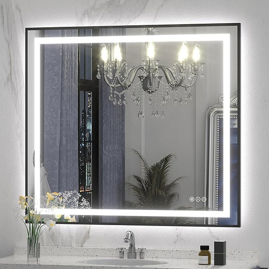 40x36 LED Lighted Bathroom Mirror, Black Frame Vanity Mirrors with Lights, 3 Colors, Anti-Fog, Shatterproof, Backlit and Front Lights, Memory, ETL Listed (Vertically/Horizontally)