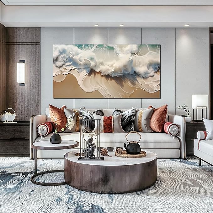 Ocean Waves Canvas Wall Art for Living Room, Beach Scenery View Home Decor Picture, Sea Waves Canvas Wall-Decoration, Modern Seaside Scene Decorative Print Artwork for Bedroom, Large Size 59x29 Inches