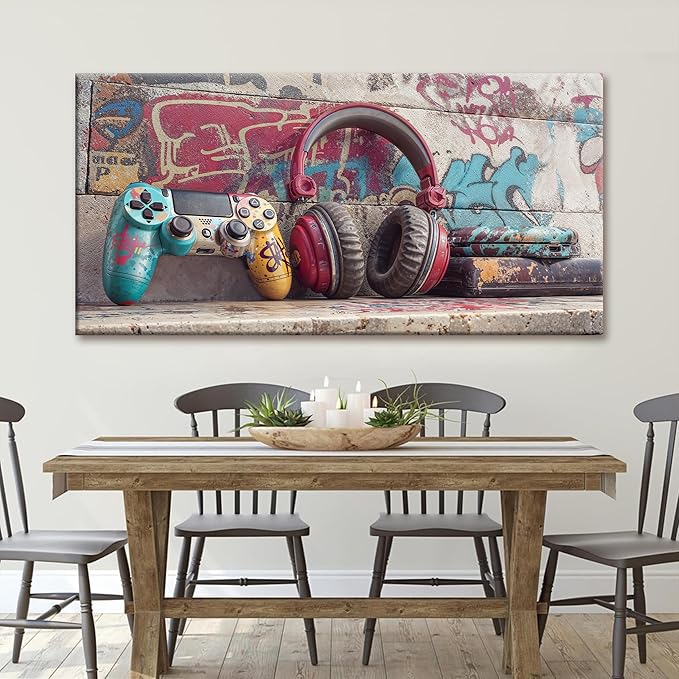 Large Game Wall Art Graffiti Gamepad Earphone Canvas Art Wall Decor Print Pictures For Bedroom Cool Video Gaming Poster Print Painting Room Decor For Boys Playroom Home Wall Decor Artwork 29"X 58"