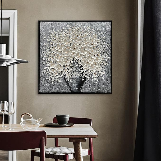 24x24 Inch 100% Hand-Painted White Flowers 3D Abstract Decorative Oil Painting, Hall Wall Decorative Frame Wall Art Ready to Hang