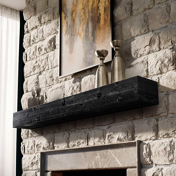 BoscoMondo Fireplace Mantel, Wall-Mounted 60 inch Floating Shelf for Wall, Tv Shelf, Rustic Shelf - 8x6x60 Intense Black