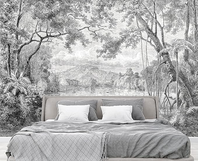 Black and White Tropical Rainforest Wall Mural Wallpaper for Bedroom 137" x 100"