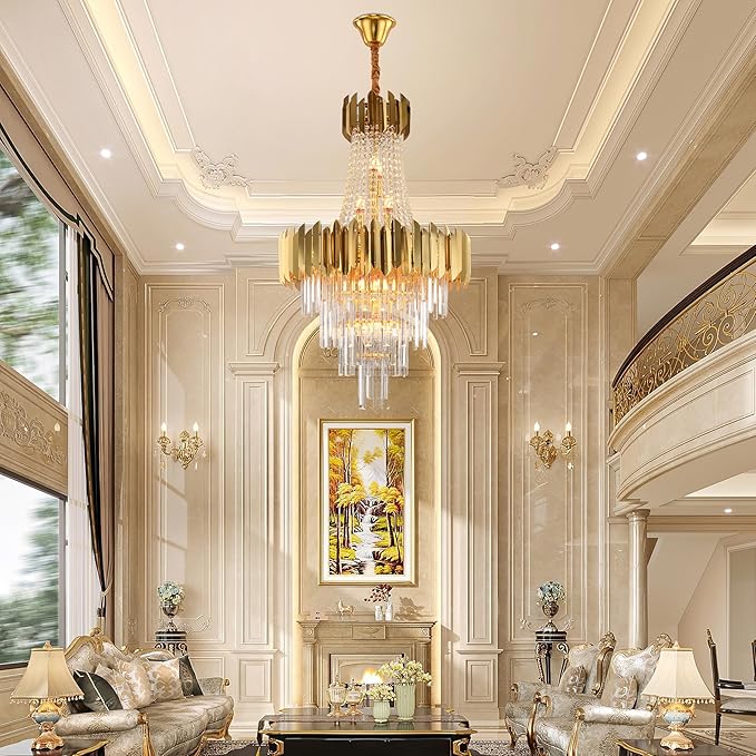 KoKo&Yukina 16-Light Gold Crystal Chandeliers French Empire Crystal Chandelier Gold Modern Farmhouse Chandeliers Light Fixture for Bedroom Hallway High Ceiling Staircase Chandelier D23.6