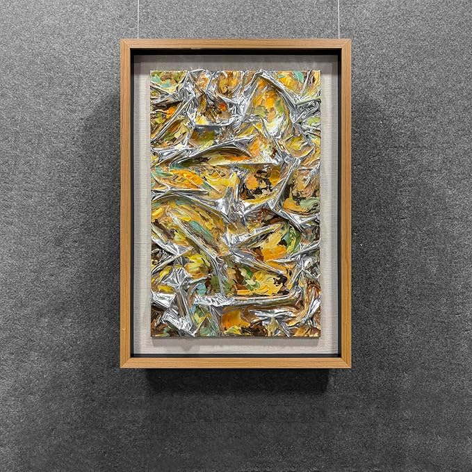 BrightA Textured silver leather abstract art - vibrant spray-painted fluid colors (yellow/orange/green) with solid wood frames, modern wall sculptures, contemporary living room 27.5"x 39.4"