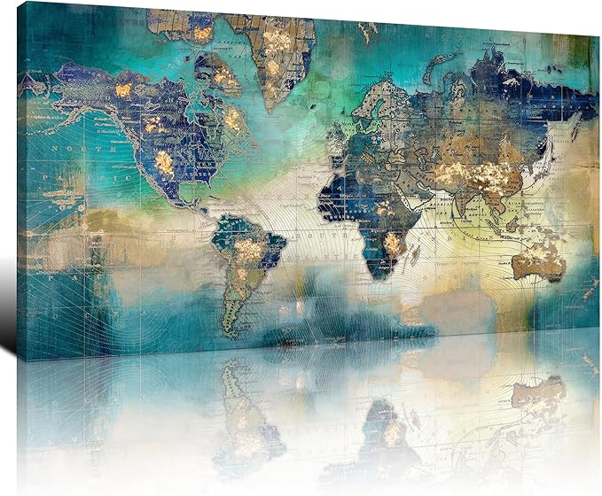Large World Map Canvas Prints Wall Art for Living Room Office 30x60 Green World Map Picture Artwork Decor for Home Decoration