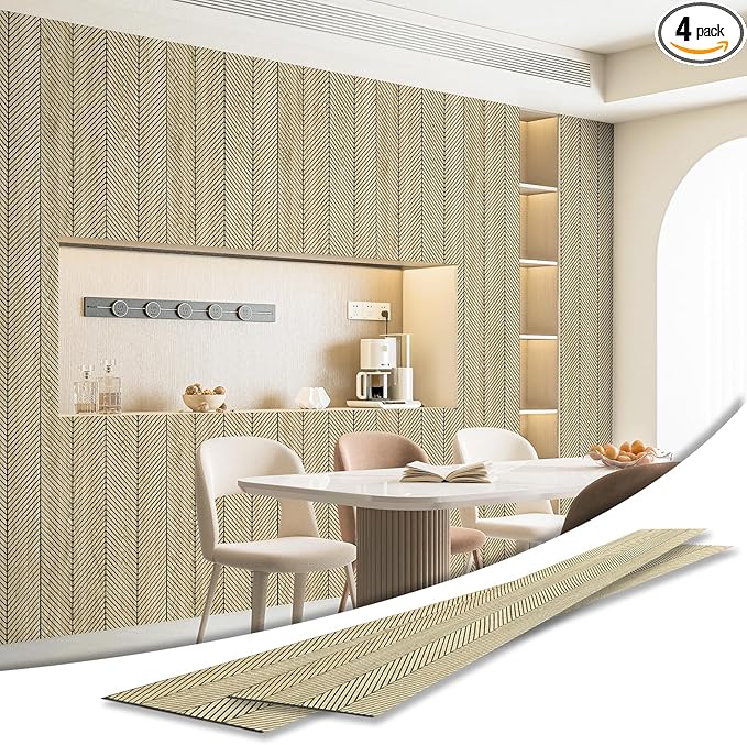 Art3d 4-Pack Glue-On Herringbone Wainscoting Panel for Interior Wall Decor - 104 x 12 Inch Polystyrene Ultralight Slim Slat Wall Panels for Living Room Bedroom, Oak