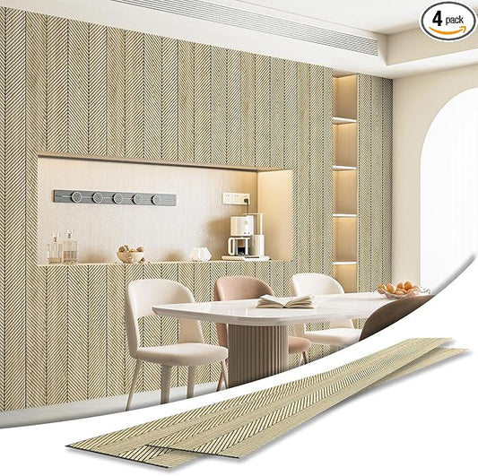 Art3d 4-Pack Glue-On Herringbone Wainscoting Panel for Interior Wall Decor - 104 x 12 Inch Polystyrene Ultralight Slim Slat Wall Panels for Living Room Bedroom, Oak
