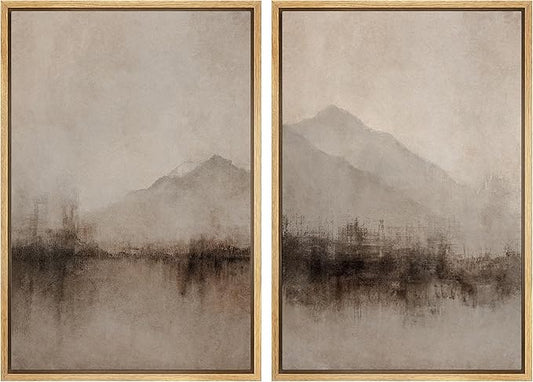 MUDECOR Framed Canvas Print Wall Art Set Abstract Mountain Landscape Soft Earth Tones Illustrations Modern Art Decorative Calm/Zen for Living Room, Bedroom, Office - 24"x36"x2 Natural