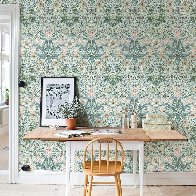 17.3"x118" Peel and Stick Wallpaper Floral Contact Paper Blue Background Pink Pomegranate Flower Wallpaper Self Adhesive Wall Paper Removable Modern Wallpaper for Living Room Funiture Decor