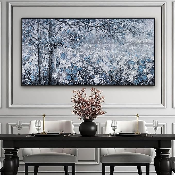 Canvas Wall Art Print Paintings Blue And White Abstract Tree Flower Landscape Home Prints Decor Framed Ready To Hang For Living Room Bedroom And Office Home Kitchen Artwork 20"×40"