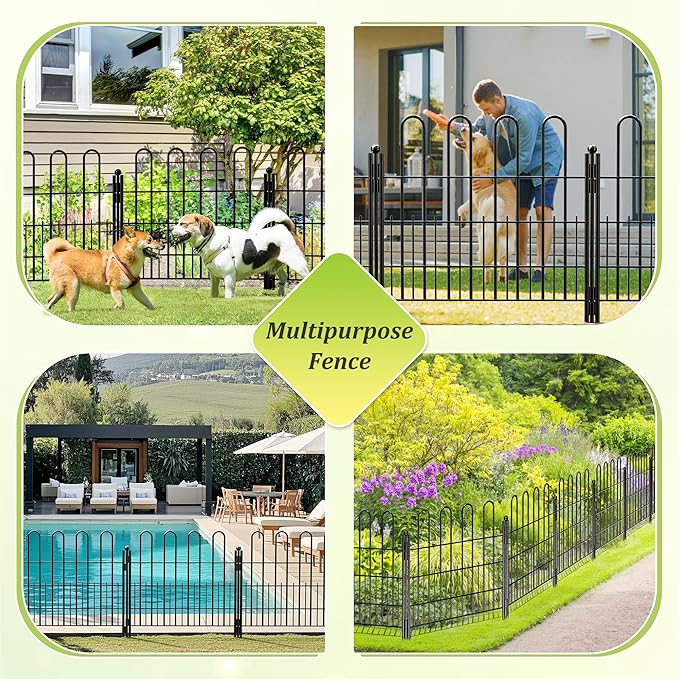 Bepatio Decorative Garden Fence Animal Barrier with Gate, 24in (H) x 10ft (L) 5 Panels Dog Fence Outdoor for Yard, Heavy Duty Metal Garden Fence Border, Flower Bed, Easy Setup, Black