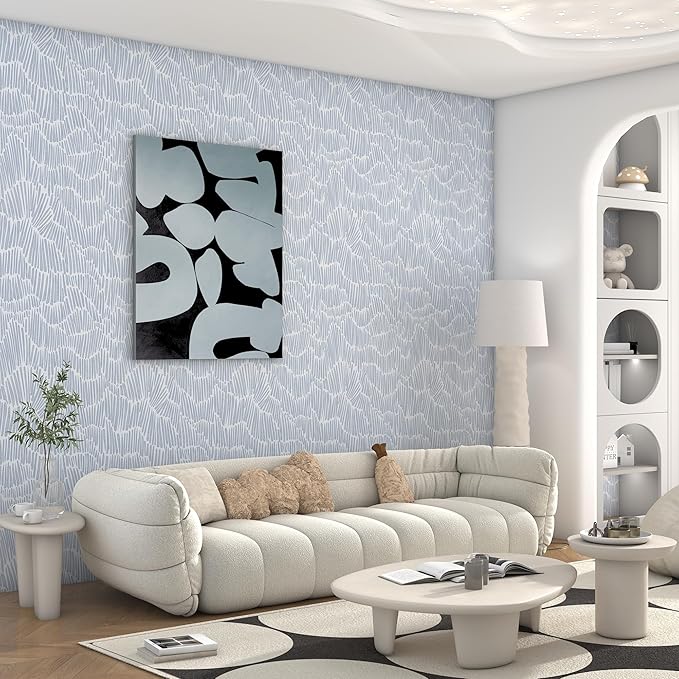 Blue Modern Striped Wallpaper Peel and Stick Wallpaper Boho 17.3"×787" Simple Removable Self Adhesive Wall Paper for Bedroom Waterproof White and Blue Contact Paper Vinyl