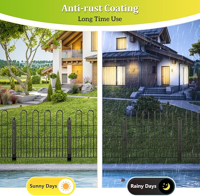 Bepatio Decorative Garden Fence Animal Barrier with Gate, 24in (H) x 10ft (L) 5 Panels Dog Fence Outdoor for Yard, Heavy Duty Metal Garden Fence Border, Flower Bed, Easy Setup, Black