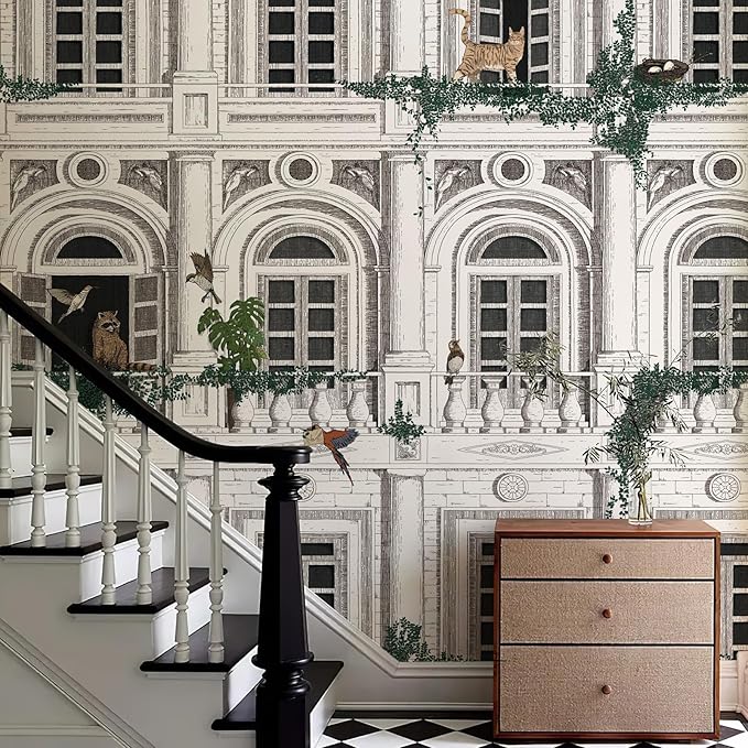 Large 3D Vintage Wall Murals Peel and Stick 148" W x 98" H Black White French Street Wall Mural Building Wallpaper with Animal Birds Canvas Nursery Paper for Living Room Background Bedroom Office