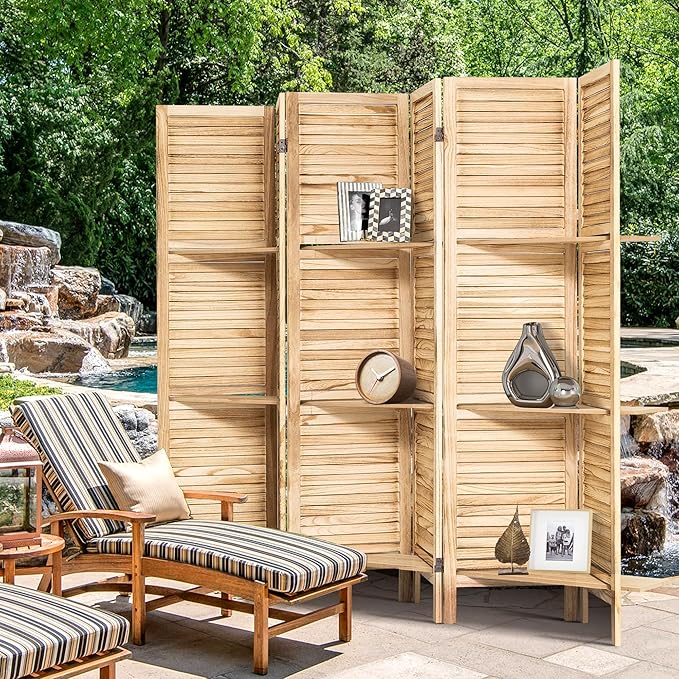 6 Panel Room Divider 5.6FT Louvered Design Room Dividers with Display Shelves Folding Privacy Screens Portable Freestanding Partition Wall Dividers for Bedroom & Office, Natural Wood