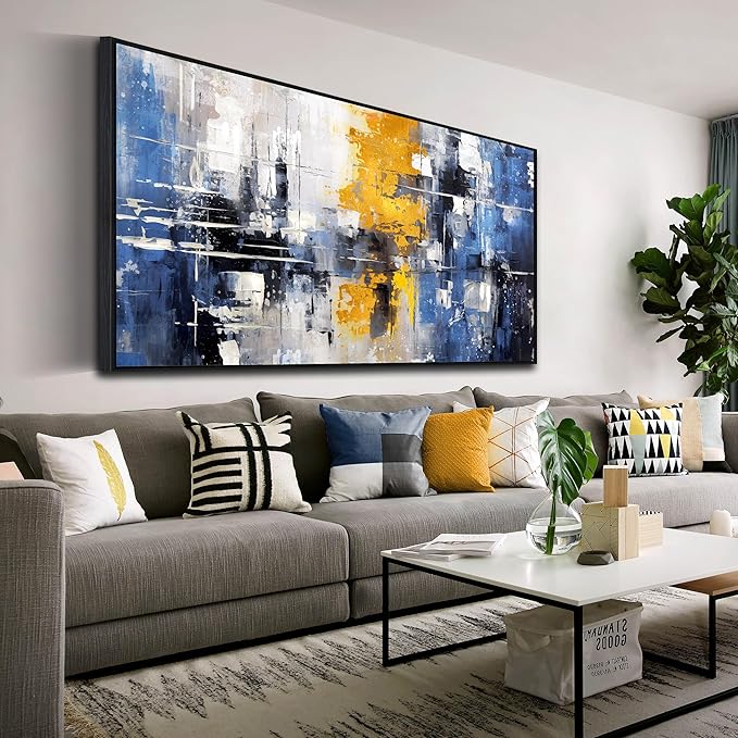 Abstract Paintings Canvas Wall Art - Blue Pictures Wall Decor - Framed Wall Art for Living Room Ready to Hang Size 29" x 59"