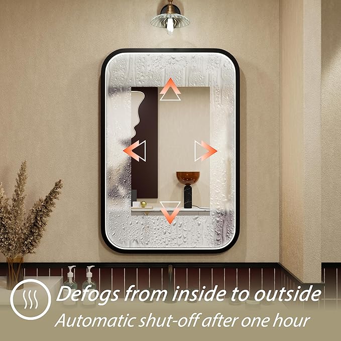 16x24 Inch Black Frame LED Bathroom Mirror with Lights, Adjustable 3000K/4500K/6000K, Wall Mounted Lighted Bathroom Vanity Mirrors, Anti-Fog, Dimmable, Memory Funtiom, Horizontal/Vertical