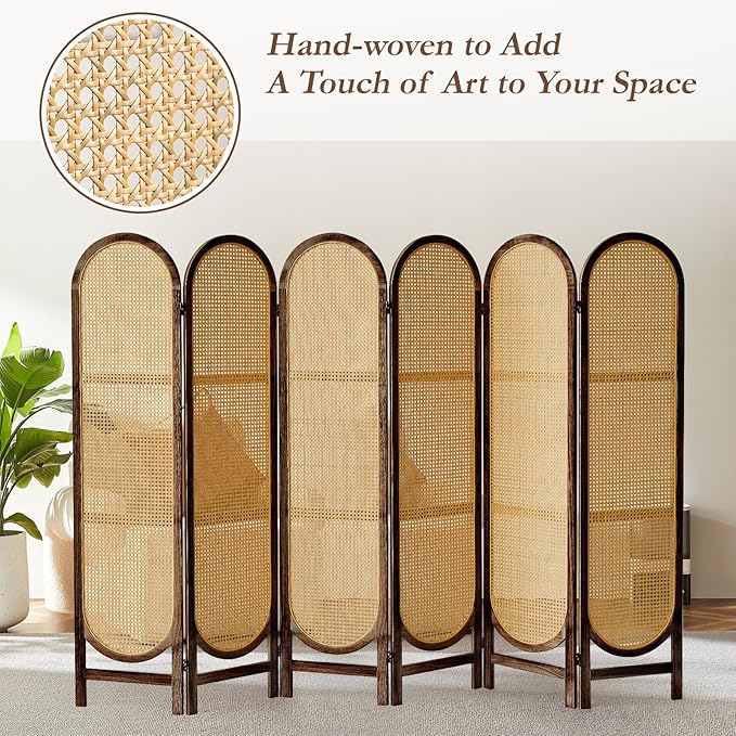 ALeesinwing 6 Panels Room Dividers, Hand-Woven Rattan Room Divider Panel and Folding Privacy Screens, Wood Room Divider Wall Freestanding Room Partitions Screen for Home Office Bedroom, Dark Brown