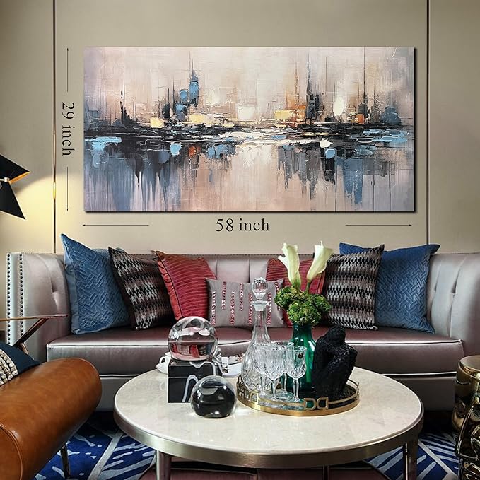 Large Abstract Canvas Wall Art for Living Room Blue Pictures Wall Decor for Bedroom Vintage City Home Office Decor 29 x 58 inches