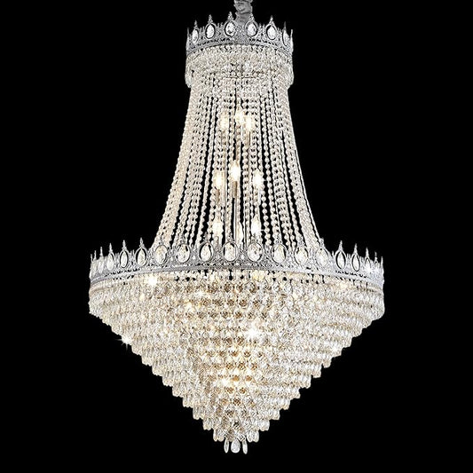 KoKo&Yukina 32" Modern Brushed Nickel Crystal Chandelier - French Empire Round Large High Ceiling Sloped Hanging for Hallway Staircase