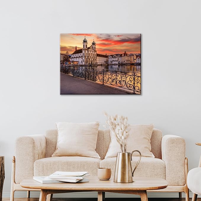 Mordern 1Pcs European Cityscape Canvas Wall Art Scenic Sunset Over River Cathedral with Domes Ready to Hang Architecture Romantic Travel Destination Decorative Framed Artwork for Living Rooms Bedrooms