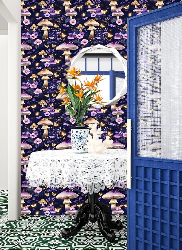 Mushroom Wallpaper Boho Peel and Stick Wallpaper Purple Leaf Vintage Contact Paper Purple Floral Wall Paper Removable Wallcovering Self Adhesive for Cabinet Drawers Wall Decor 17.5''x118.1''