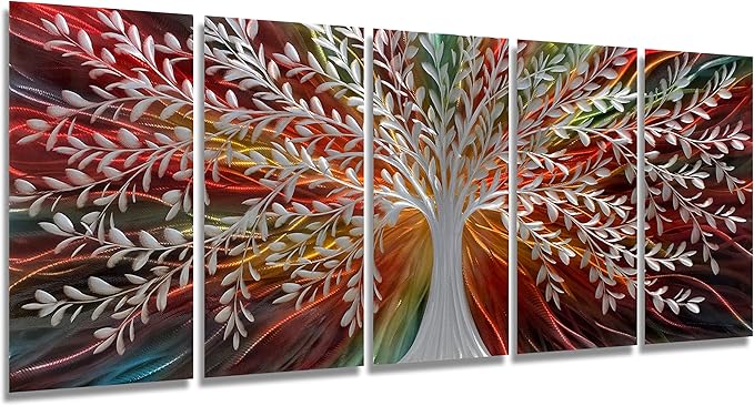 BATRENDY ARTS Silver Willow Metal Tree Wall Art for Livingroom Modern Abstract Colorful Artwork Brown and Red Landscape Home Decor Multi-panels 3D