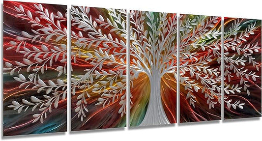 BATRENDY ARTS Coloful Metal Tree Wall Art Brown Red Artwork Decor Silver Willow Large Hanging Scuplture 5 Panels for Bedroom