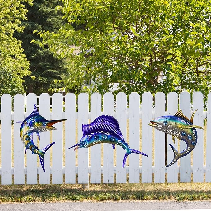 Metal Fish Wall Art Decor, 3-Piece Marlin Tuna Swordfish Set, Blue and Gold Tropical Ocean Theme Outdoor Wall Christmas Decor for Patio Garden Yard, Decorative Hanging Sculptures Christmas Decoration Gift